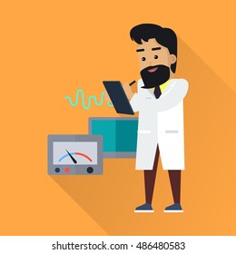 Scientist at work illustration. Vector in flat style. Scientific icon. Male in white gown takes the readings from laboratory instruments. Educational experiment. On orange background with shadow