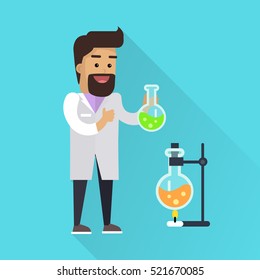 Scientist at work illustration. Vector in flat style design. Scientific icon. Smiling male character in white gown standing with flask in hand. Educational experiment. On red background with shadow