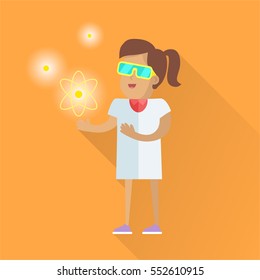 Scientist at work illustration. Vector in flat style. Smiling female character in white gown standing with atom model in hand. Educational experiment. On orange background with shadow