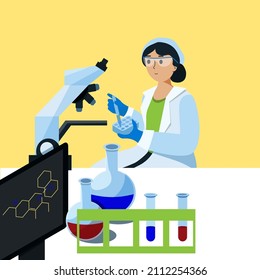 Scientist at work in laboratory with microscope, characters conducting experiments in lab