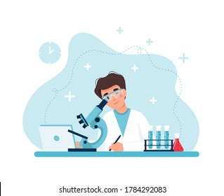 Scientist at work, male character conducting experiments with microscope. Vector illustration in flat style