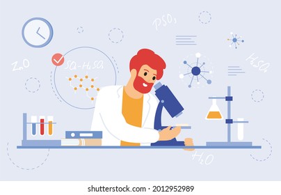 Scientist work with microscope. Medical laboratory worker, scientific researcher with laboratory equipment vector illustration. Laboratory pharmaceutical scientist. Study character doctor laboratory
