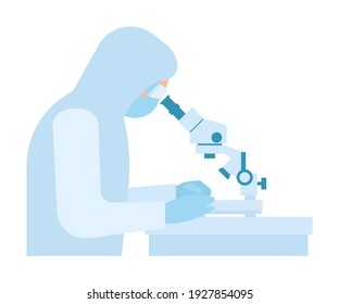 Scientist work with microscope for science research and chemical laboratory experiments. Doctor in safety clothes in clinical laboratory study microbiology, pharmaceutical research. Vector