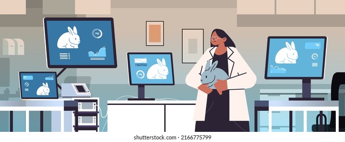 scientist work on desktop with rabbits on screens veterinary worker doing experiments in lab biological genetic engineering research