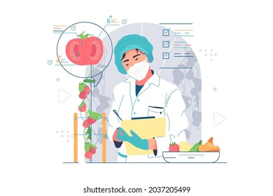 Scientist work on research in agriculture vector illustration. Monitor tomato growth in laboratory flat style. Plant breeding, eco concept