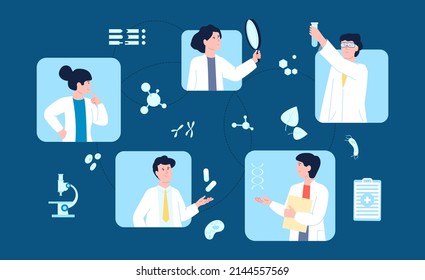 Scientist work together. Laboratory information exchange, medical international research. Creative scientists in biological, engineering or medicine, recent vector scene