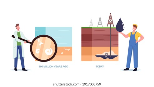 Scientist and Worker Characters Presenting Oil and Gas Natural Formation Time Line from Million Years Ago to Today. Drilling Process Get Fossil Resource Infographic. Cartoon People Vector Illustration