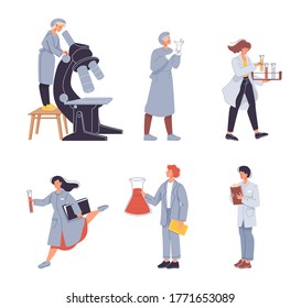 Scientist worker, researcher, lab assistant people character isolated set. Man woman in uniform working on microscope laboratory equipment, holding glass flask, clipboard for notes, wearing gloves