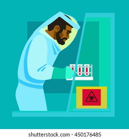 Scientist working with bio hazardous substances. A man in biological protective suit is holding test tubes. Virologist in the laboratory. Cartoon flat vector illustration.