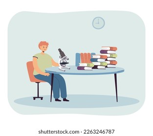Scientist working at desk flat vector illustration. Cartoon male character sitting at table with microscope and books. Laboratory or office for studying. Science, education, knowledge concept