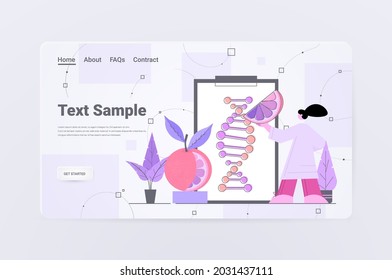 scientist working with DNA of orange researcher making experiment in lab genetically modified fruits concept
