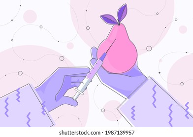 scientist working with DNA of peach researcher making experiment in lab genetically modified fruits concept