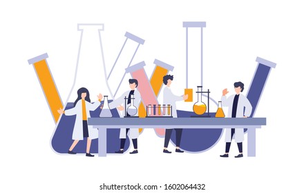 Scientist working an experiment with tubes, erlenmeyer flask, and reaction. Vector illustration flat digital cartoon research laboratory. Lab work of science, medical, biology, chemistry, and physic.