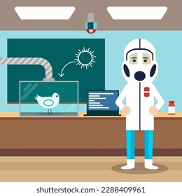 Científico trabajando en laboratorio con traje protector. Gripe aviar. H3N8 influenza aviar.
Ilustración vectorial.