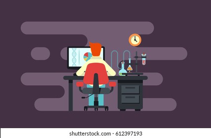 scientist working in lab, sitting on chair, research workspace flat illustration