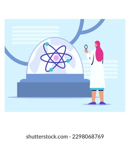 Wissenschaftler, der im Laborkonzept arbeitet. Laborassistent, der in der Nähe eines großen Kolben steht, mit einem Symbol der Wissenschaft im Inneren und es durch Lupe betrachtet. Vektorgrafik