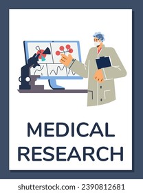 Scientist working in laboratory, flat cartoon vector illustration isolated on white. Medical research, male doctor or chemist developing a vaccine, medicine drugs. Computer monitor and microscope