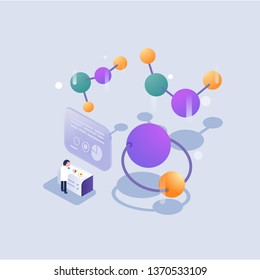 Científico trabajando en laboratorio / iconos isométricos