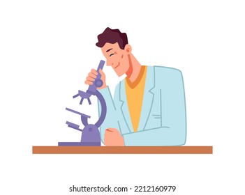 Scientist working in laboratory, man or doctor looking through microscope. Studying and conducting experiments in clinics lab. Vector in flat cartoon style