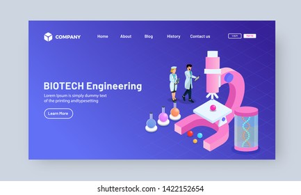 Scientist working in laboratory from microscope and DNA on purple background for Biotech Engineering landing page design.