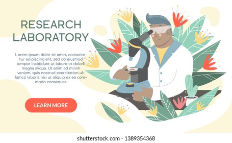 Scientist working in laboratory on the abstract background. Medical researcher doing experiments and research with microscope. Chemistry research concept. Vector pharmaceutical banner with text area.