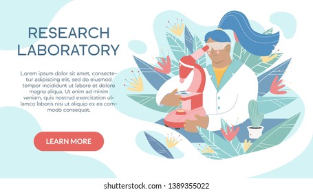 Scientist working in laboratory on the abstract background. Medical researcher doing experiments and research with microscope. Chemistry research concept. Vector pharmaceutical banner with text area.