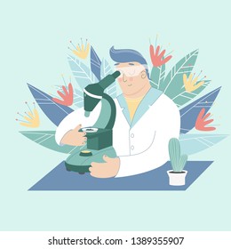 Scientist working in laboratory on the abstract background. Male medical researcher in white coat doing experiments and research with microscope. Chemistry medical lab research concept. 