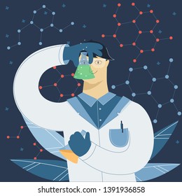 Scientist working in laboratory on the abstract background. Male medical researcher in white coat doing experiments and research with flasks. Chemistry medical lab research concept.