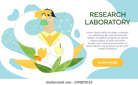 Scientist working in laboratory on the abstract background. Male medical researcher in white coat doing experiments and research with flasks. Chemistry medical lab research concept banner. 