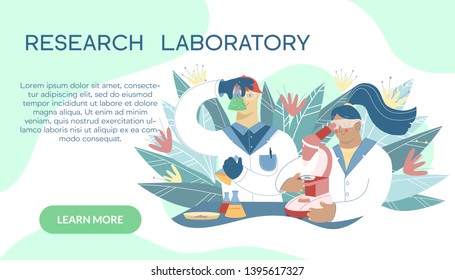 Scientist working in laboratory on the abstract background. Medical researchers doing experiments and research with microscope and flasks. Chemistry research concept. Vector pharmaceutical banner.
