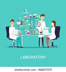 Scientist working in laboratory room. Workspace and workplace. Medical Laboratory. Scientist male and female. Flat design vector illustration science and technology. Education. Flat design.