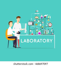 Scientist working in laboratory room. Workspace and workplace. Medical Laboratory. Scientist male. Flat design vector illustration science and technology. Education. Flat design.