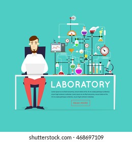 Scientist working in laboratory room. Workspace and workplace. Medical Laboratory. Scientist male. Flat design vector illustration science and technology. Education. Flat design.