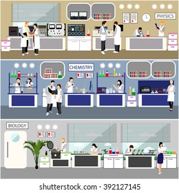 Scientist working in laboratory vector illustration. Science lab interior. Biology, Physics and Chemistry education concept. Male and female engineers making research and experiments.