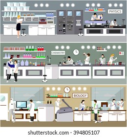 Scientist working in laboratory vector illustration. Science lab interior. Biology, Physics and Chemistry education concept. Male and female engineers making research and experiments.