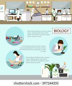 Científico trabajando en la ilustración vectorial de laboratorio. Interior de laboratorio de ciencia. Concepto de educación biológica. Ingenieros hombres y mujeres realizando investigaciones y experimentos.
