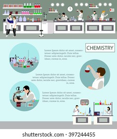Scientist working in laboratory vector illustration. Science lab interior. Chemistry education concept. Male and female engineers making research and experiments.