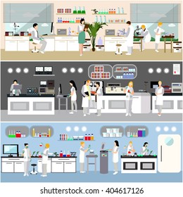 Scientist working in laboratory vector illustration. Science lab interior. Biology, Physics and Chemistry education concept. 