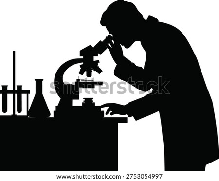 Scientist working with microscope in laboratory silhouette, medical research and science experiment concept vector illustration isolated on white background