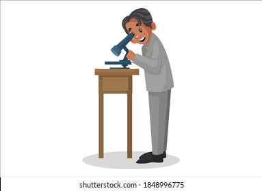 Scientist is working with a microscope in the laboratory. Vector graphic illustration. Individually on a white background.