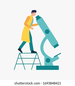 Scientist working with microscope. Science laboratory, clinical lab, experiments. Research concept. Vector illustration for webpage, landing page