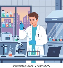 Scientist Working in Modern Laboratory with Test Tubes and Microscope Illustration