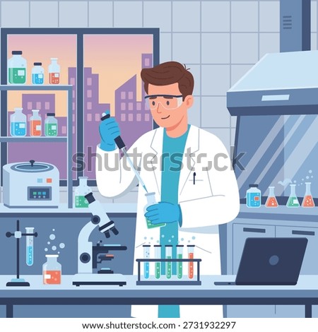 Scientist Working in Modern Laboratory with Test Tubes and Microscope Illustration