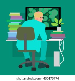 Scientist working on the computer. Biologist in the laboratory. A lot of books on the table. Cartoon flat vector illustration.