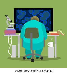 Scientist working on the computer. Doctor doing research sitting at the table with a lot of books and microscope, Back view. Cartoon flat vector illustration isolated on white background.