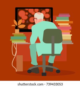 Scientist working on the computer. Doctor doing research sitting at the table with a lot of books, back view. Isolated flat vector illustration.