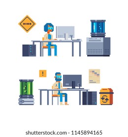 Scientist working on the computer. Research professor in the office. Scientific equipment electric centrifuge. Laboratory interior. Pixel art isolated vector illustration. Game assets 8-bit.