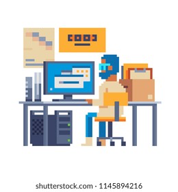 Scientist working on the computer. Research professor in the office. Pixel art isolated vector illustration. Game assets 8-bit.