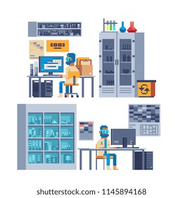 Scientist working on the computer. Scientific equipment beakers and flasks for chemical lab. Medical laboratory interior cabinets. Pixel art isolated vector illustration. Game assets 8-bit.