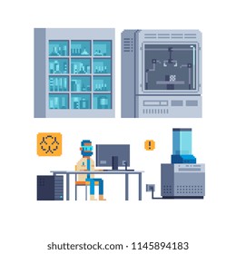 Scientist working on the computer. Scientific equipment, centrifuge, beakers and flasks for chemical lab. Medical laboratory interior cabinets. Pixel art isolated vector illustration. Game assets.